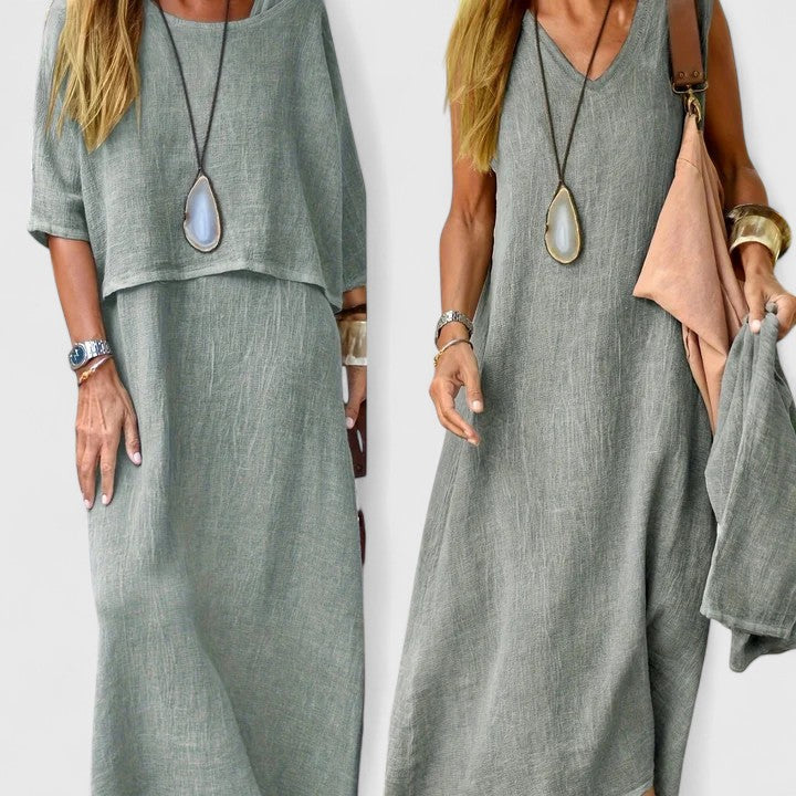 Women's Short Sleeve Layered Midi Dress
