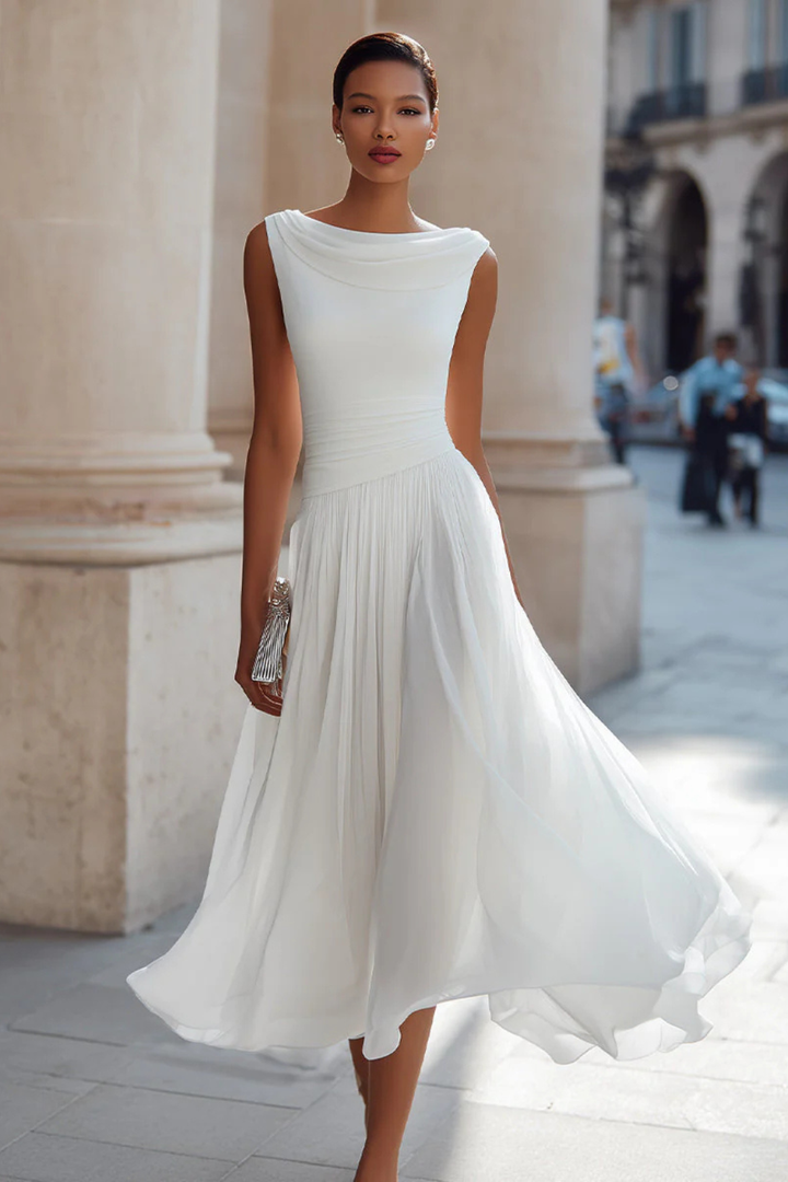 Women's Draped Pleated Midi Dress Sleeveless Wedding Guest