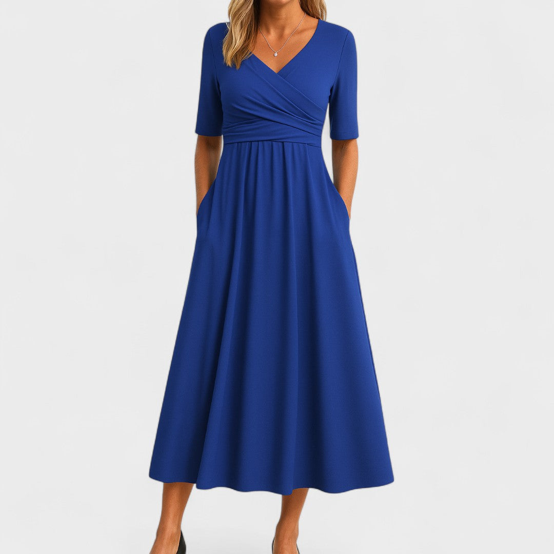Women's V-Neck Midi Dress with Pockets