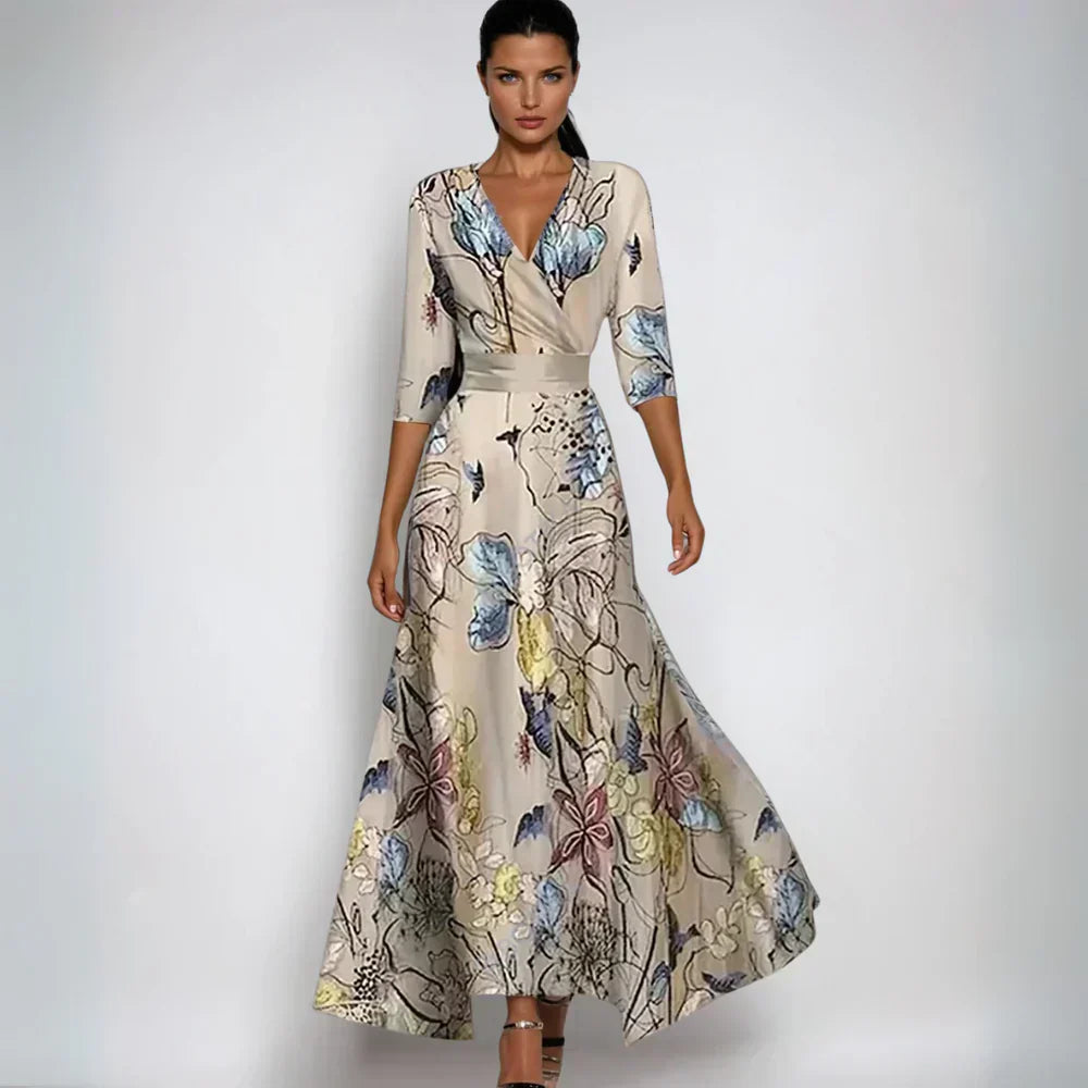 Women's Floral Midi Dress Three Quarter Sleeve