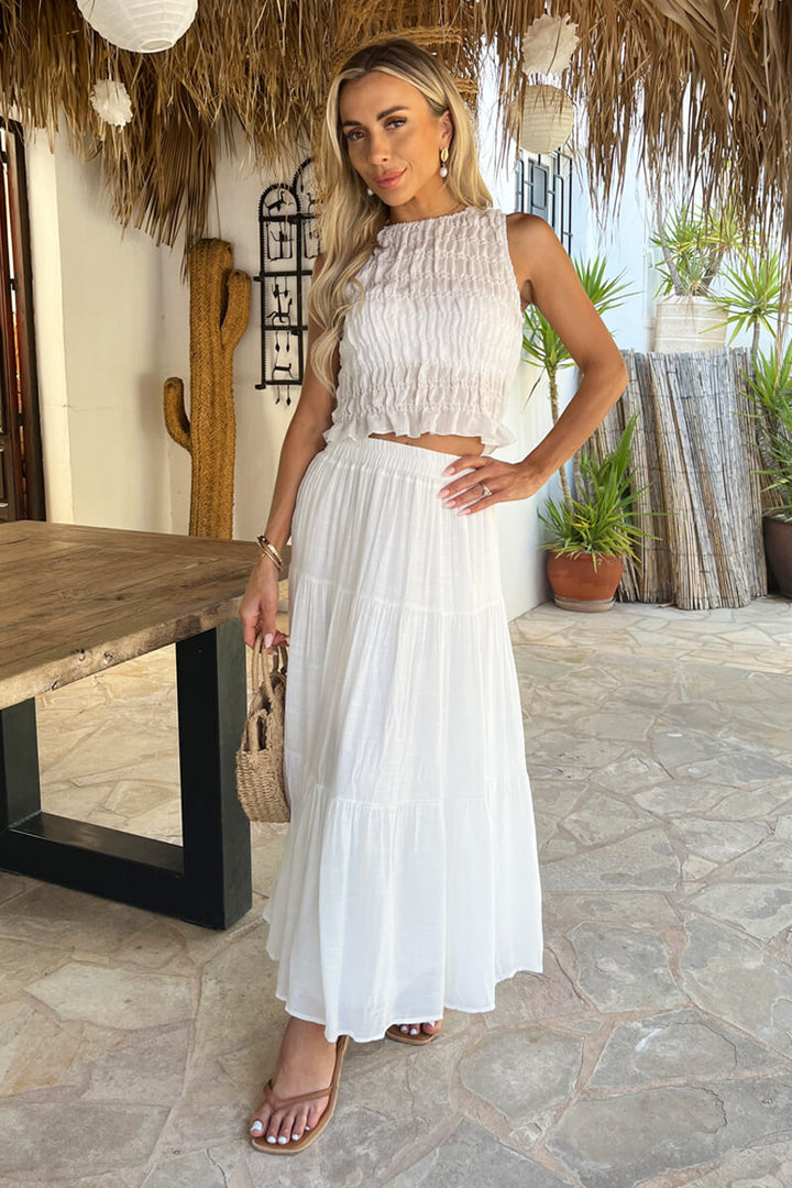 Women's Tiered Midi Skirt Elasticated Waist Linen Look