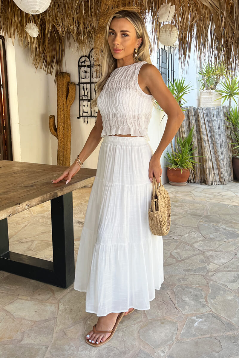 Women's Tiered Midi Skirt Elasticated Waist Linen Look