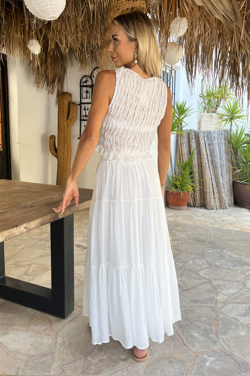 Women's Tiered Midi Skirt Elasticated Waist Linen Look