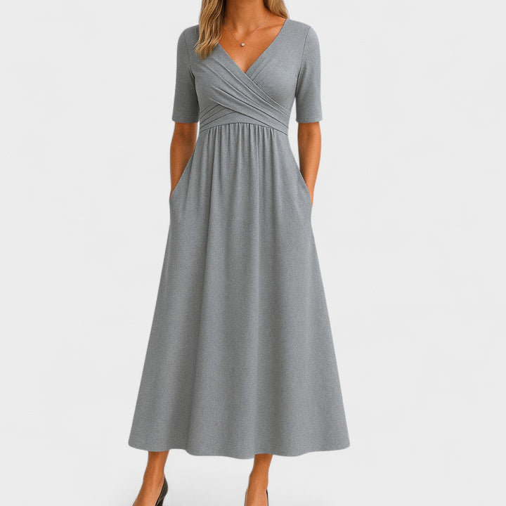 Women's V-Neck Midi Dress with Pockets