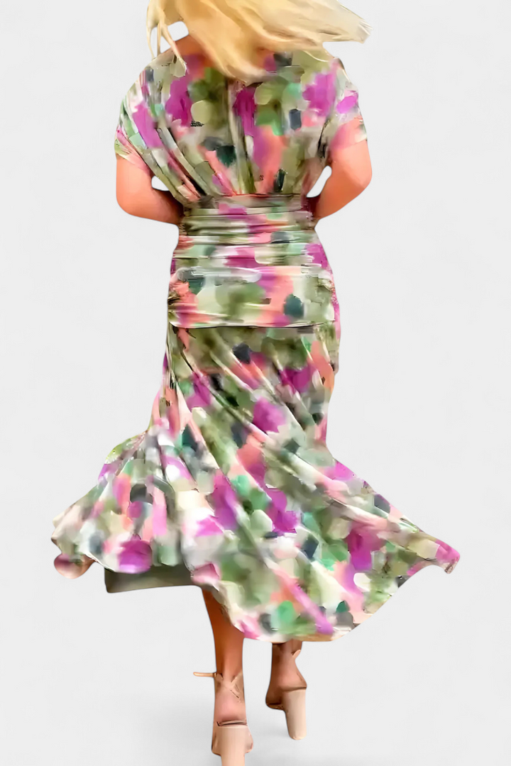 Women's Floral Pleated Maxi Dress V Neck