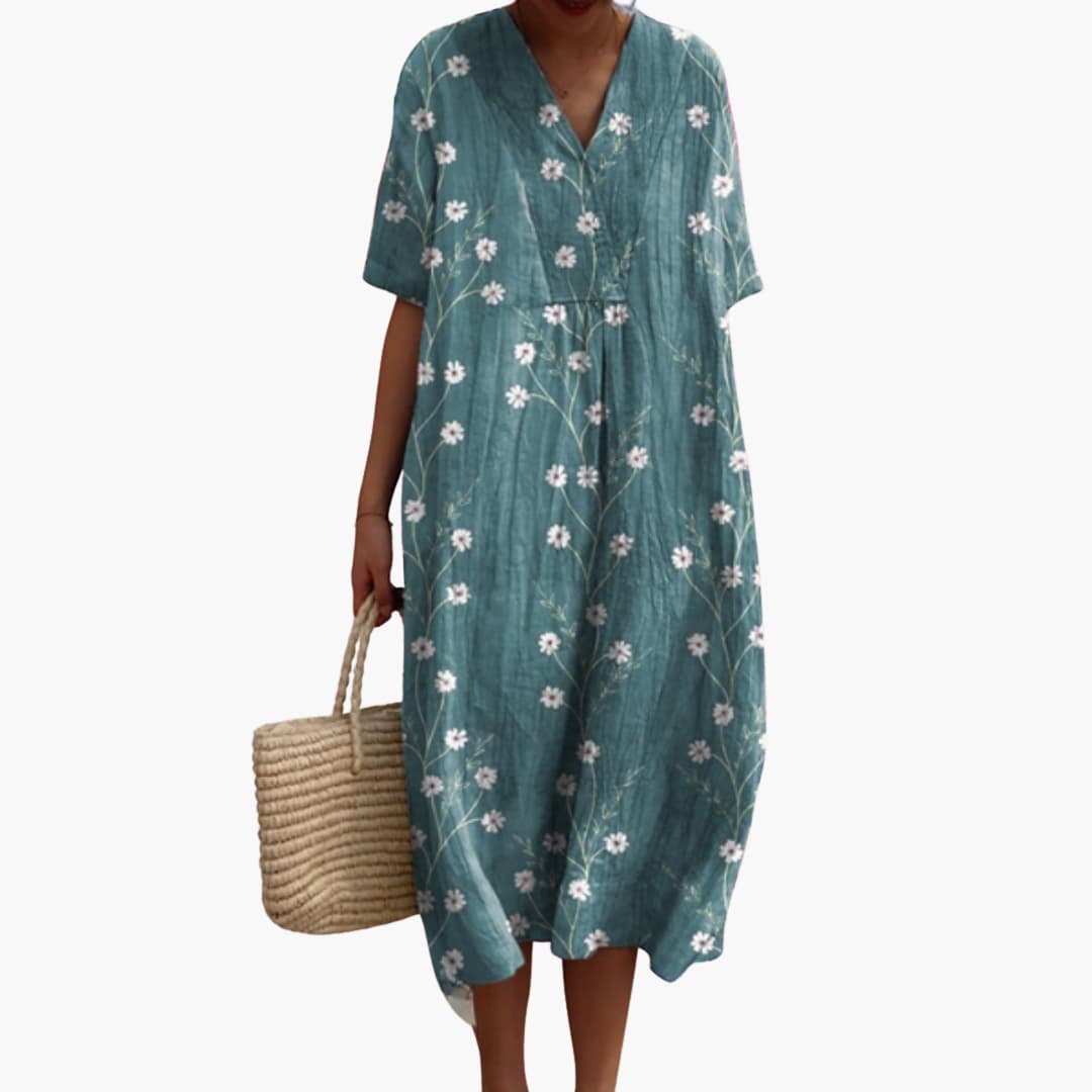 Women's Floral Midi Dress V Neck Short Sleeve Summer