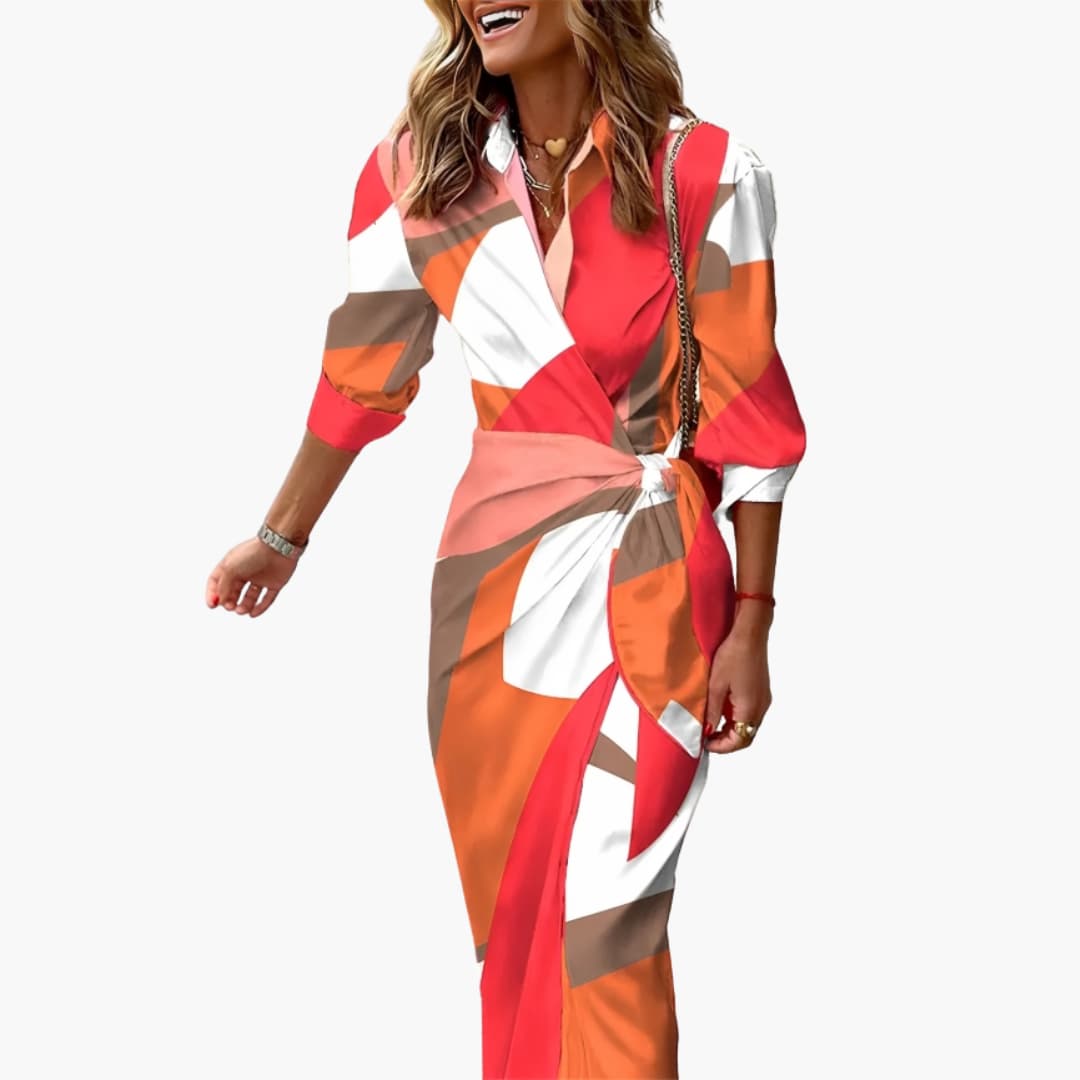 Women's Midi Shirt Dress Wrap Front Waist Tie Long Sleeve