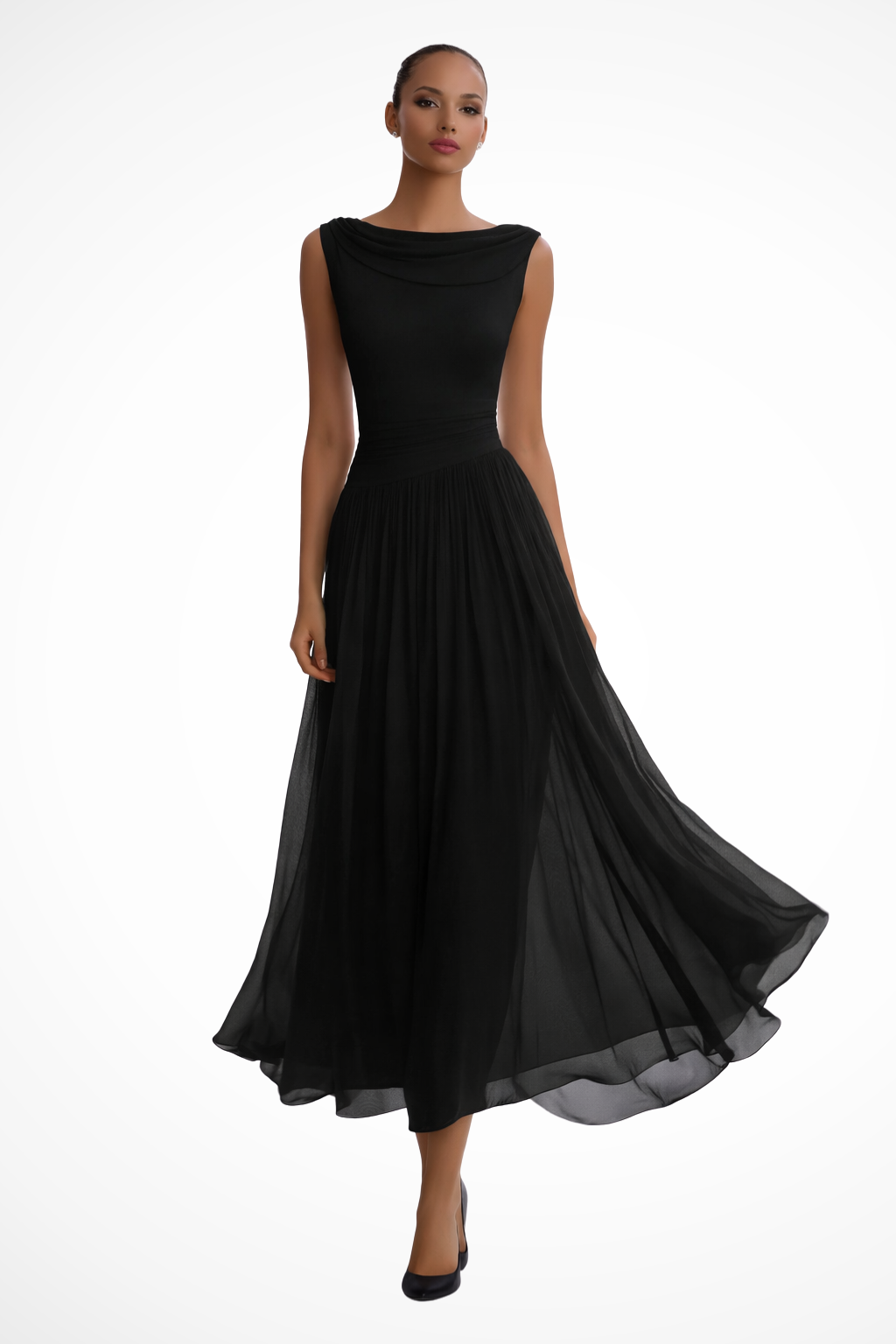 Women's Draped Pleated Midi Dress Sleeveless Wedding Guest