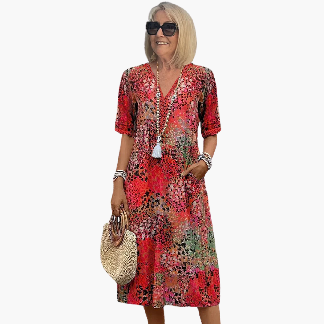 Women's Floral V Neck Midi Dress Defined Waist
