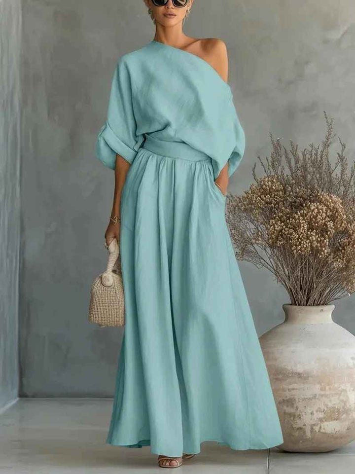 Women's Linen Co-Ord Set Off Shoulder Top Tapered Trousers