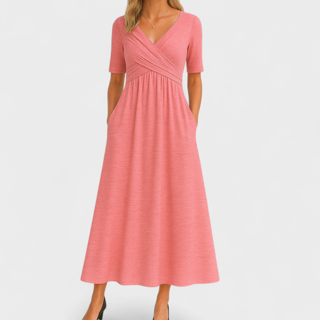 Women's V-Neck Midi Dress with Pockets