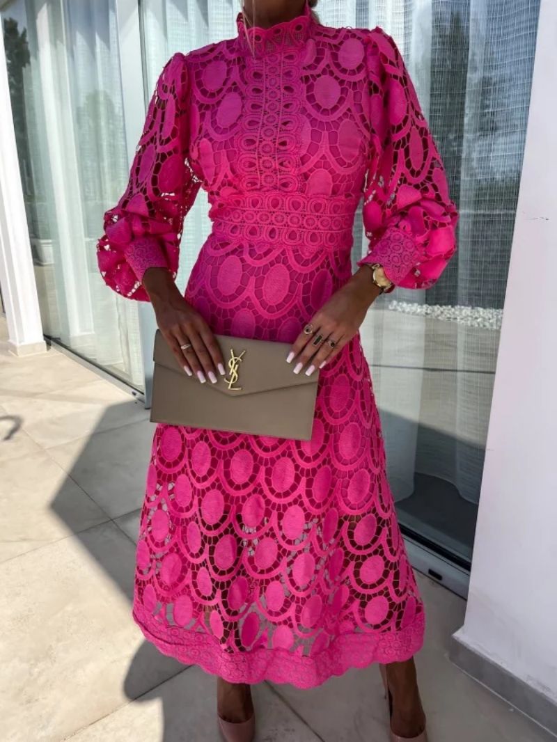 Women's High Neck Puff Sleeve Lace Dress