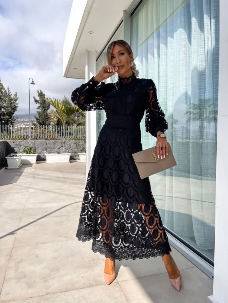 Women's High Neck Puff Sleeve Lace Dress