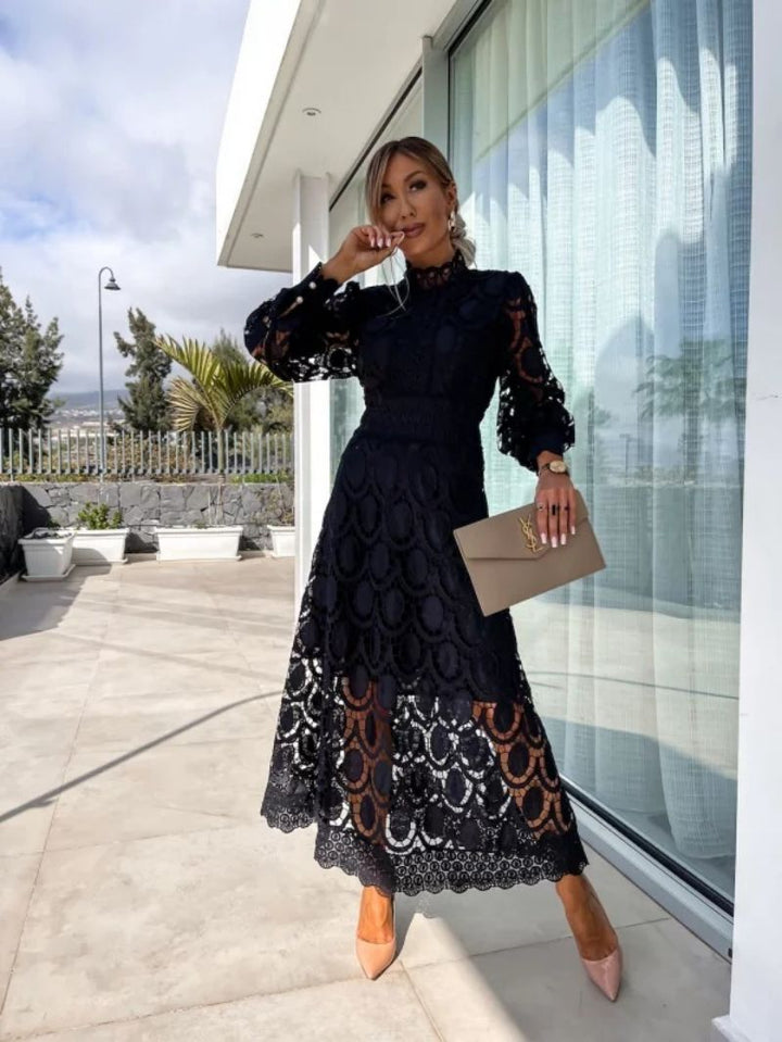 Women's High Neck Puff Sleeve Lace Dress