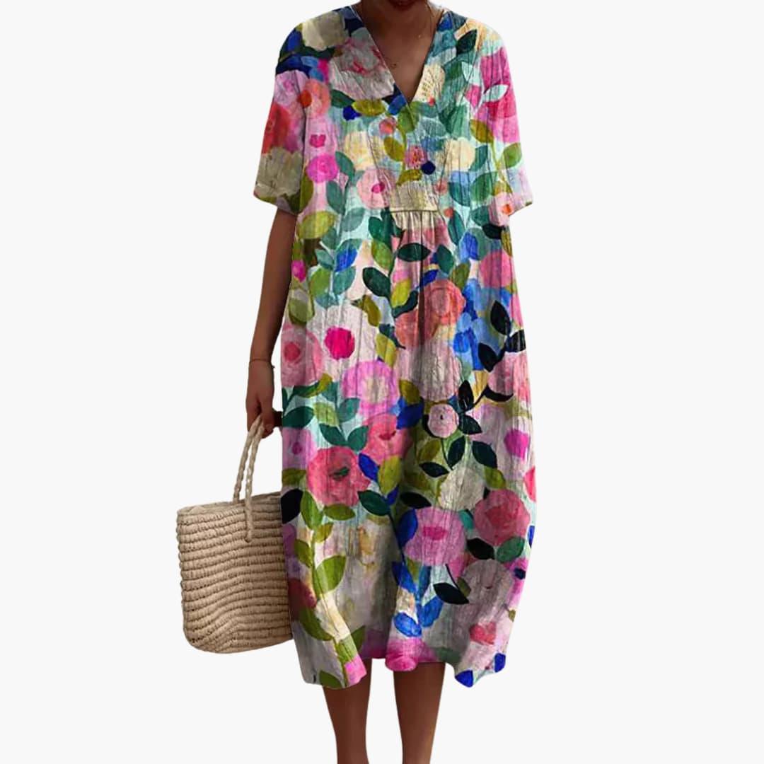 Women's Floral Midi Dress V Neck Short Sleeve Summer