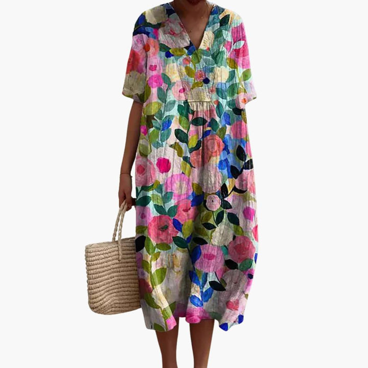 Women's Floral Midi Dress V Neck Short Sleeve Summer