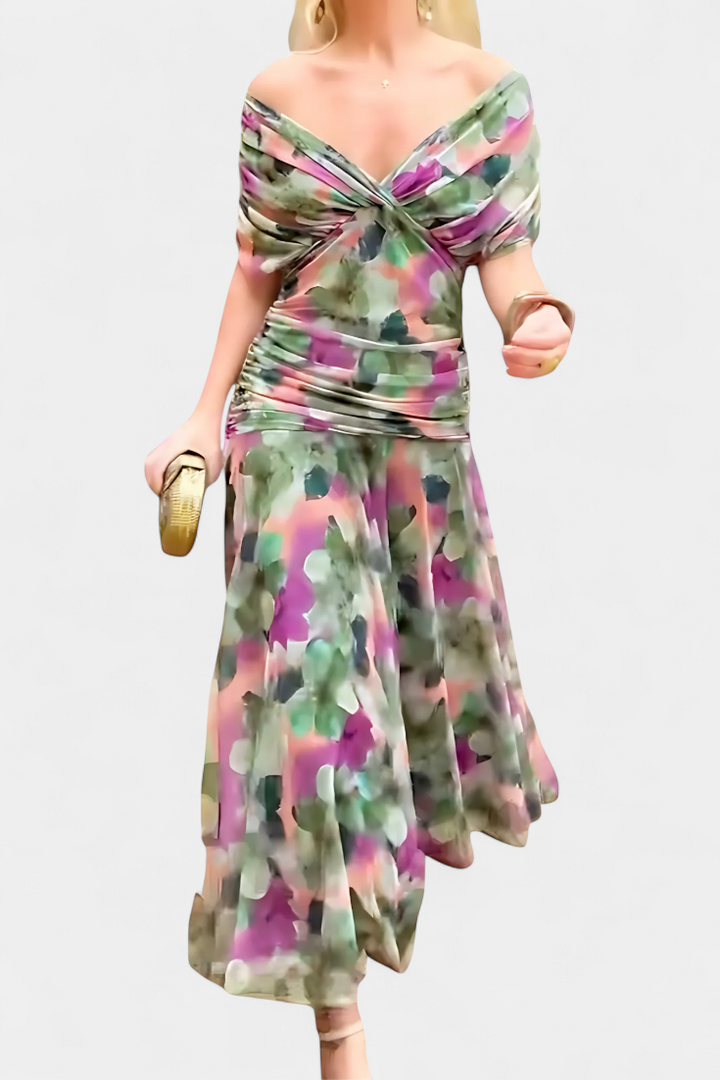 Women's Floral Pleated Maxi Dress V Neck