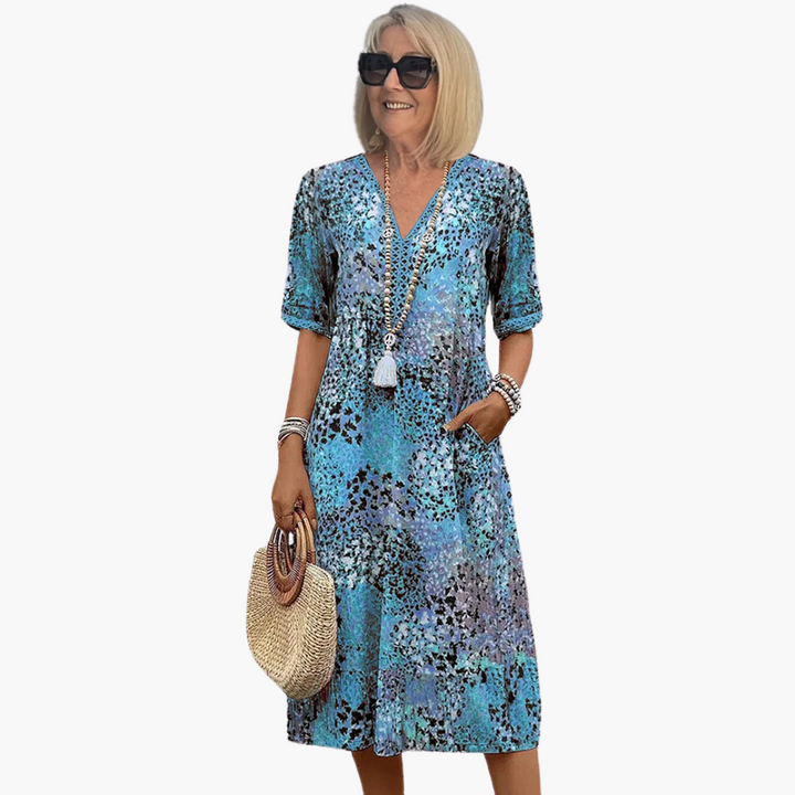 Women's Floral V Neck Midi Dress Defined Waist