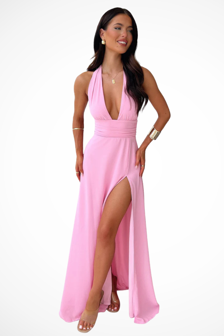 Women's Halter Neck Maxi Dress Side Slit
