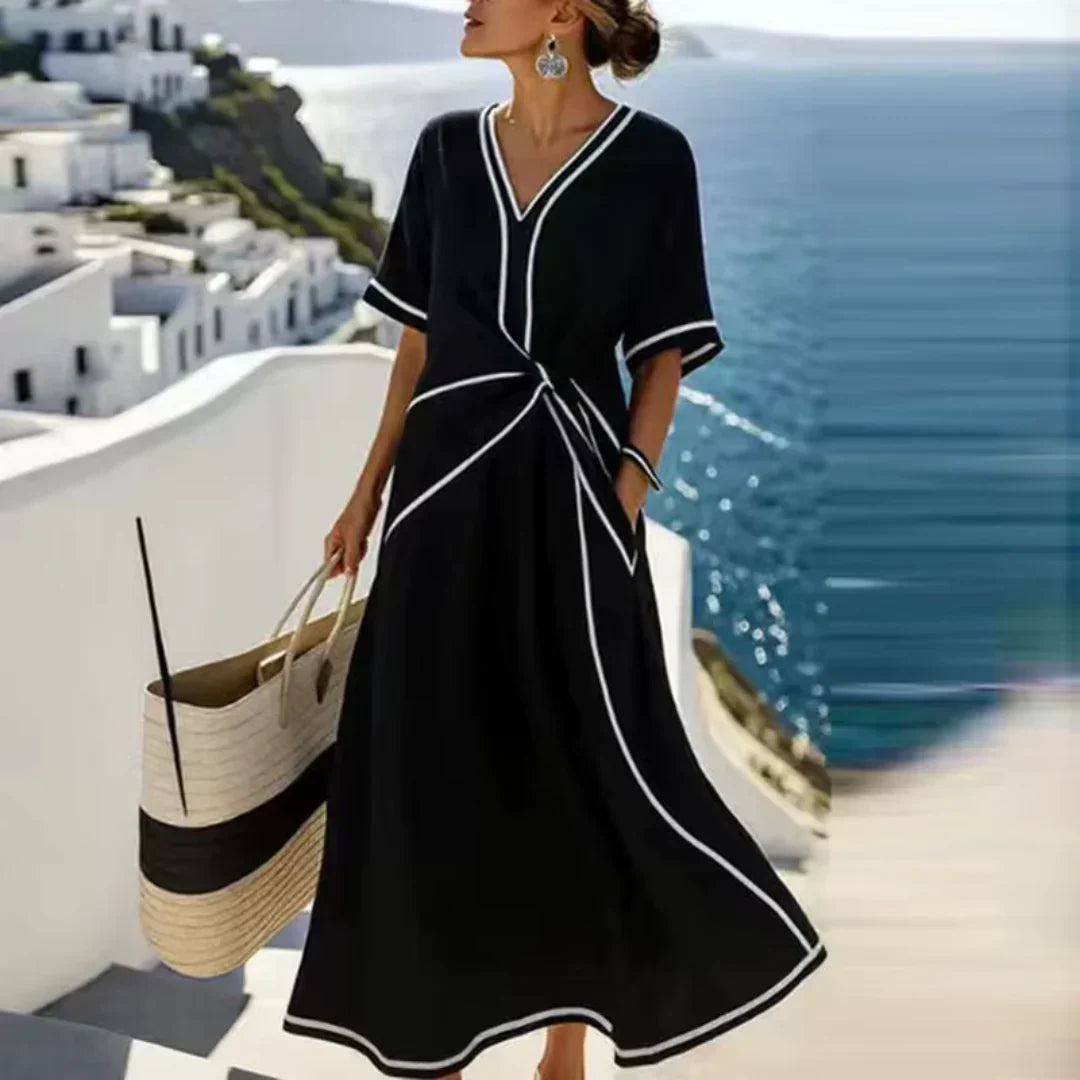Women's Elegant Draped Wrap Midi Dress V Neck