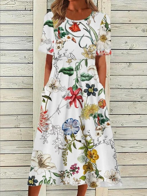 Women's Gathered Waist Floral Midi Dress