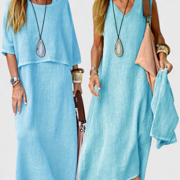Women's Short Sleeve Layered Midi Dress