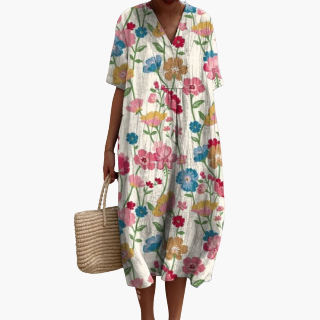Women's Floral Midi Dress V Neck Short Sleeve Summer