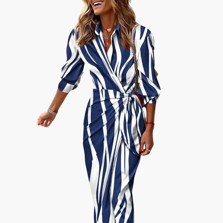 Women's Midi Shirt Dress Wrap Front Waist Tie Long Sleeve