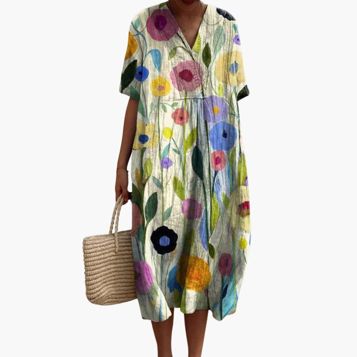 Women's Floral Midi Dress V Neck Short Sleeve Summer