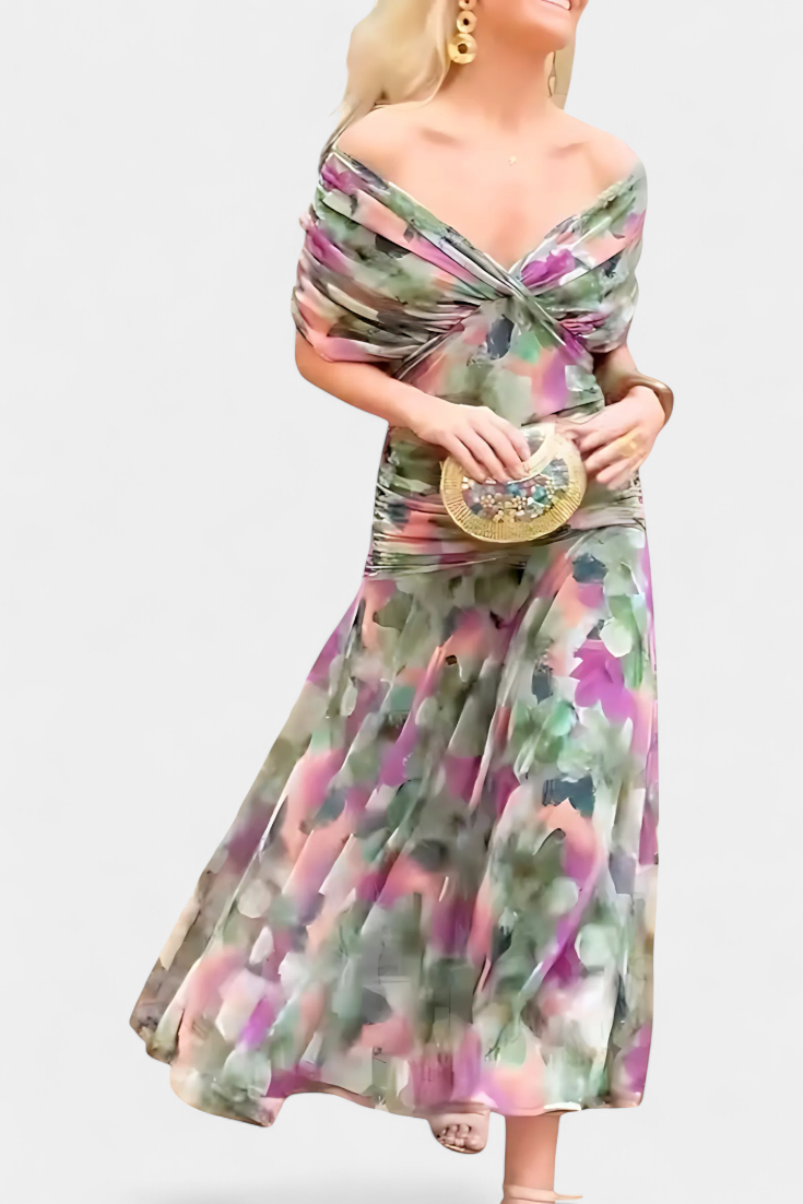Women's Floral Pleated Maxi Dress V Neck