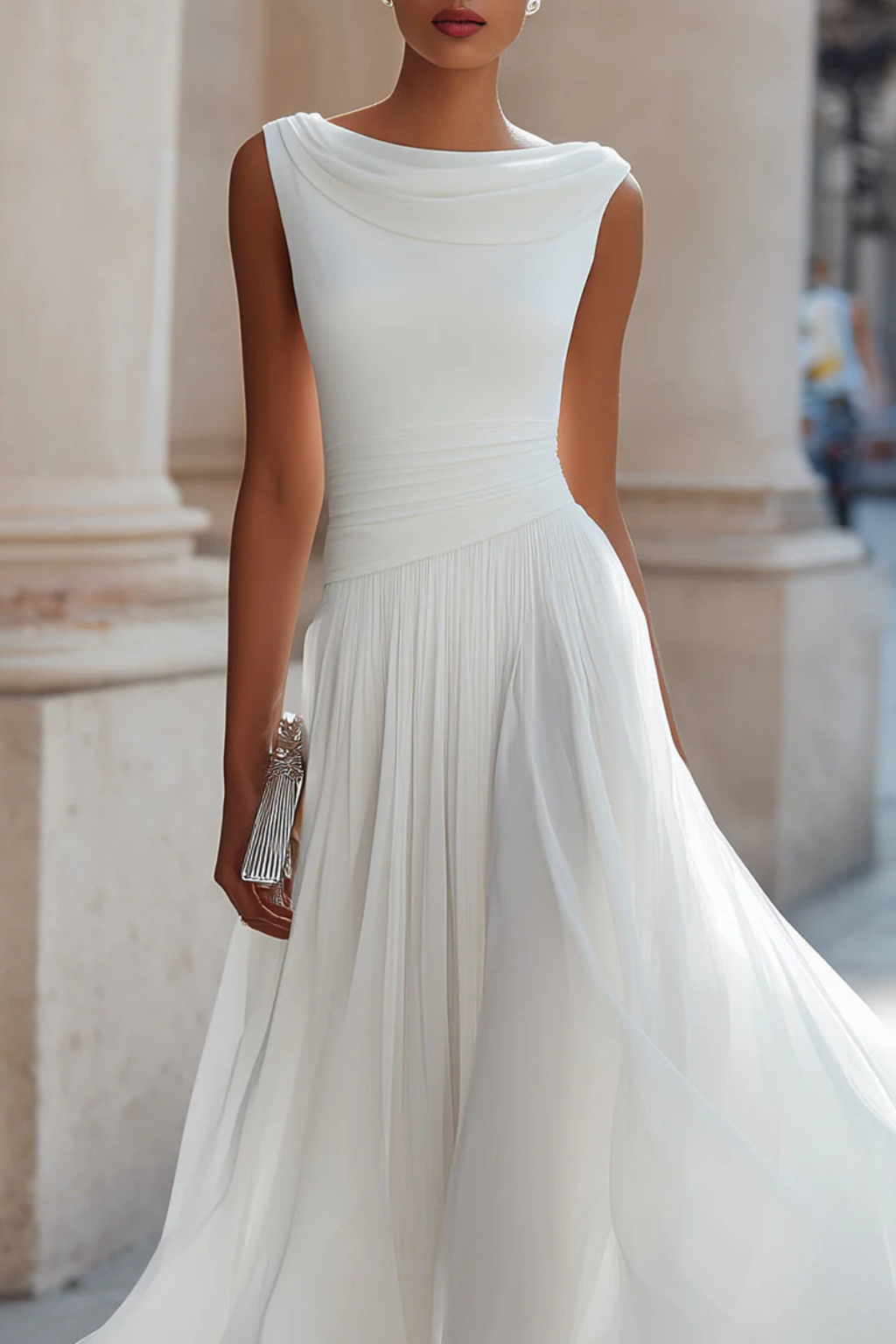 Women's Draped Pleated Midi Dress Sleeveless Wedding Guest