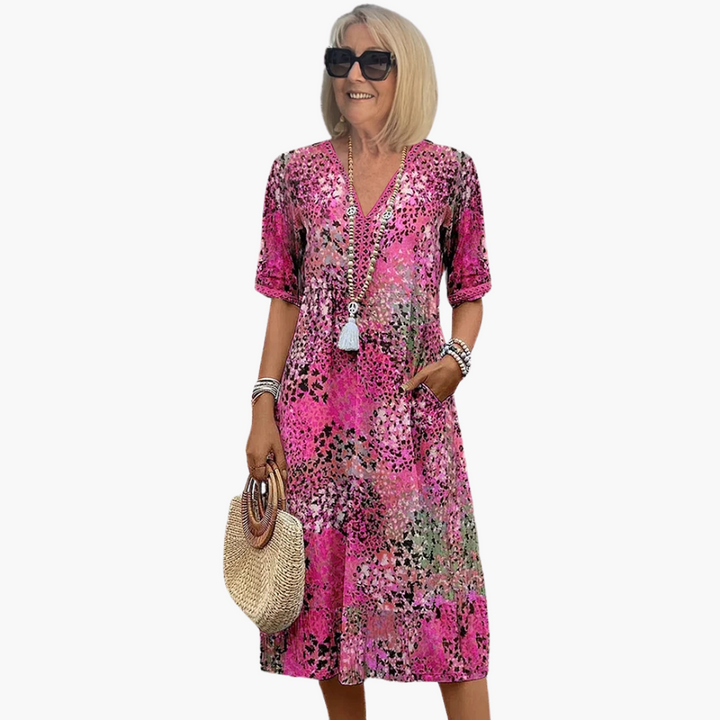 Women's Floral V Neck Midi Dress Defined Waist