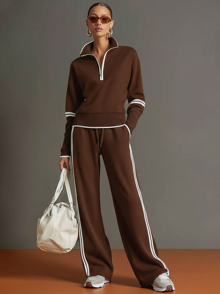 Women's Retro Two-Piece Tracksuit Set Half Zip Wide Leg