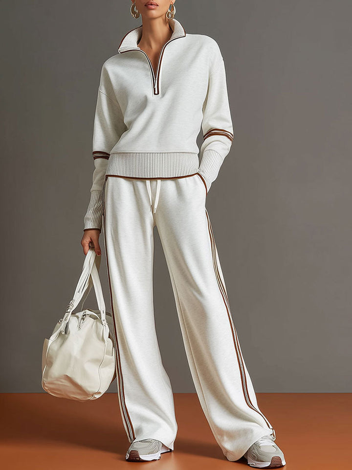 Women's Retro Two-Piece Tracksuit Set Half Zip Wide Leg