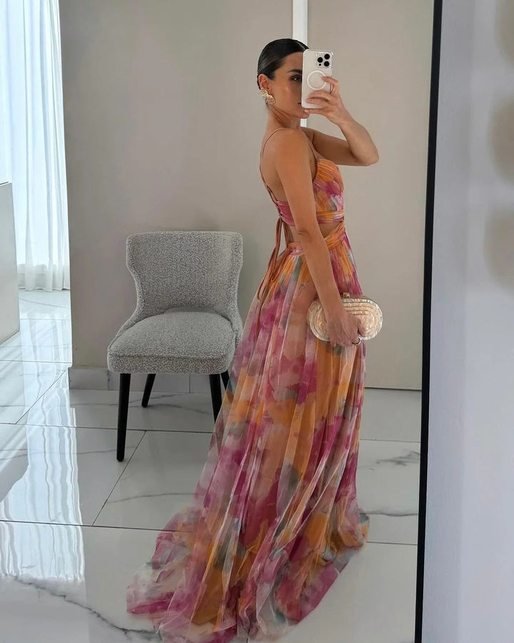 Women's Floral V-Neck Wedding Guest Maxi Dress
