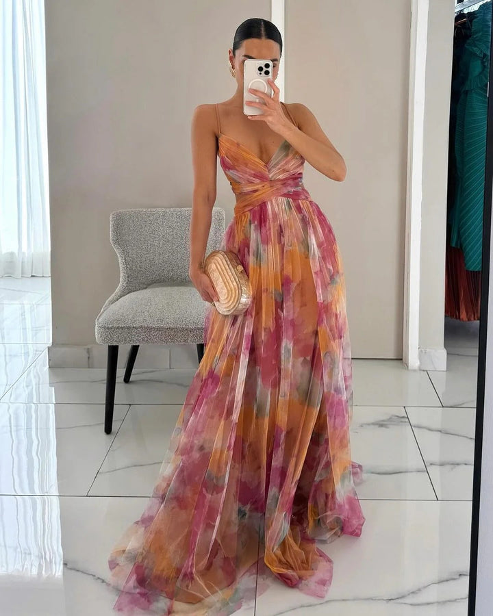 Women's Floral V-Neck Wedding Guest Maxi Dress