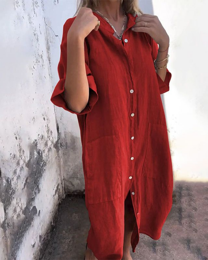 Women's Linen Cotton Shirt Dress Button Up Relaxed Fit