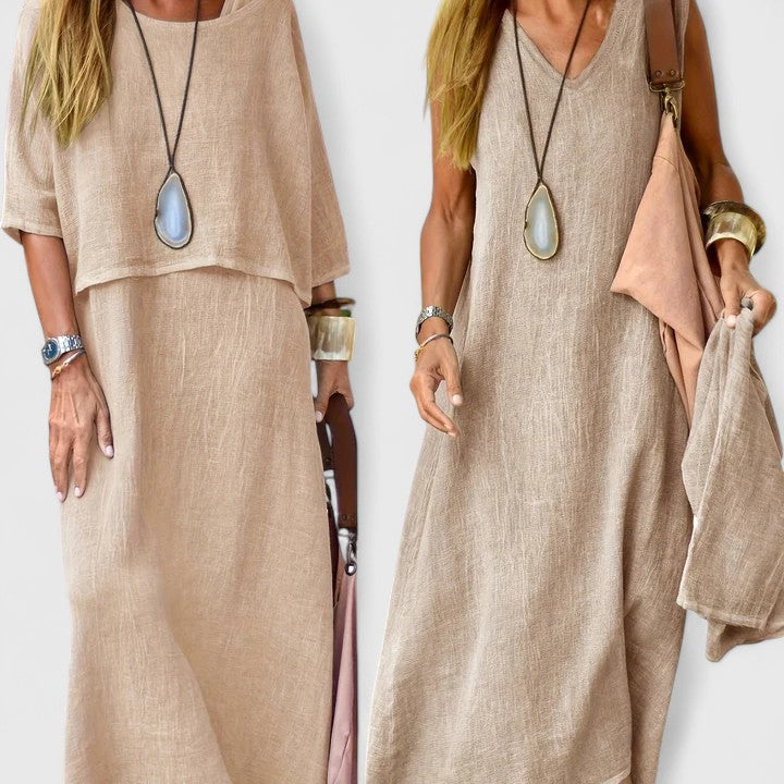 Women's Short Sleeve Layered Midi Dress
