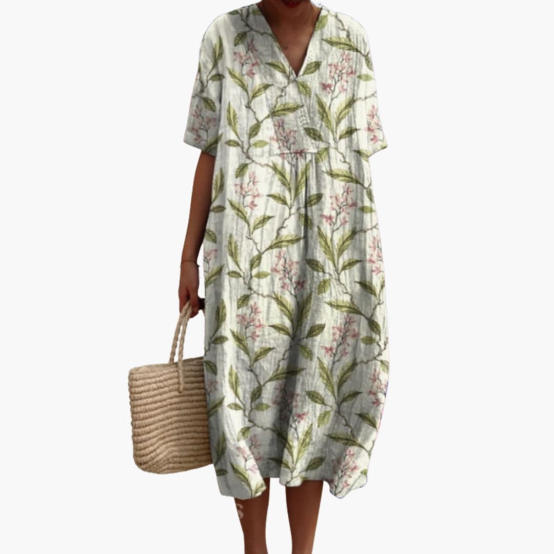 Women's Floral Midi Dress V Neck Short Sleeve Summer