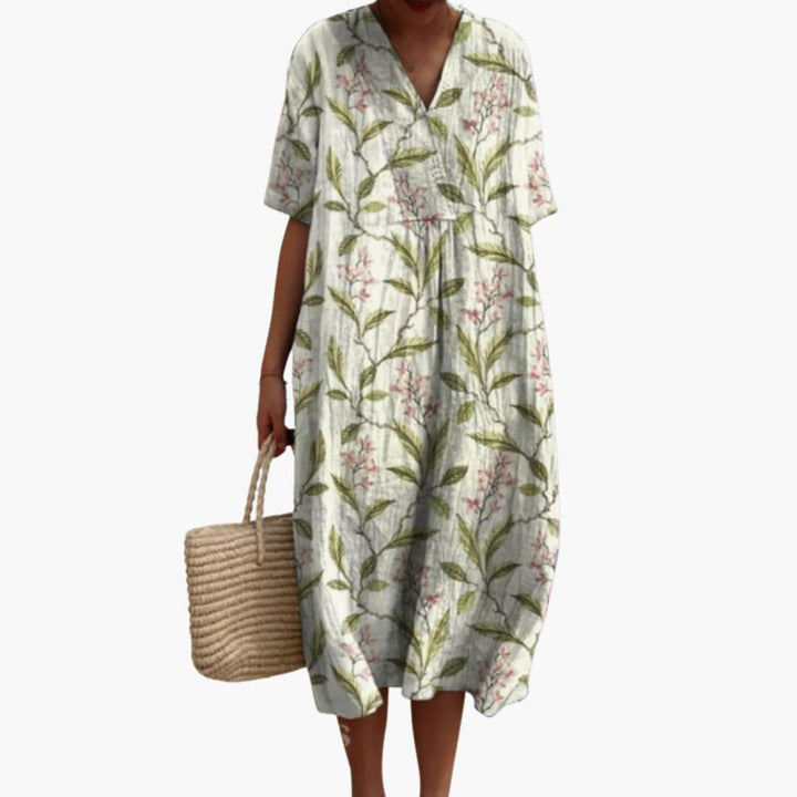 Women's Floral Midi Dress V Neck Short Sleeve Summer