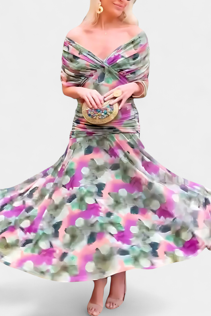 Women's Floral Pleated Maxi Dress V Neck