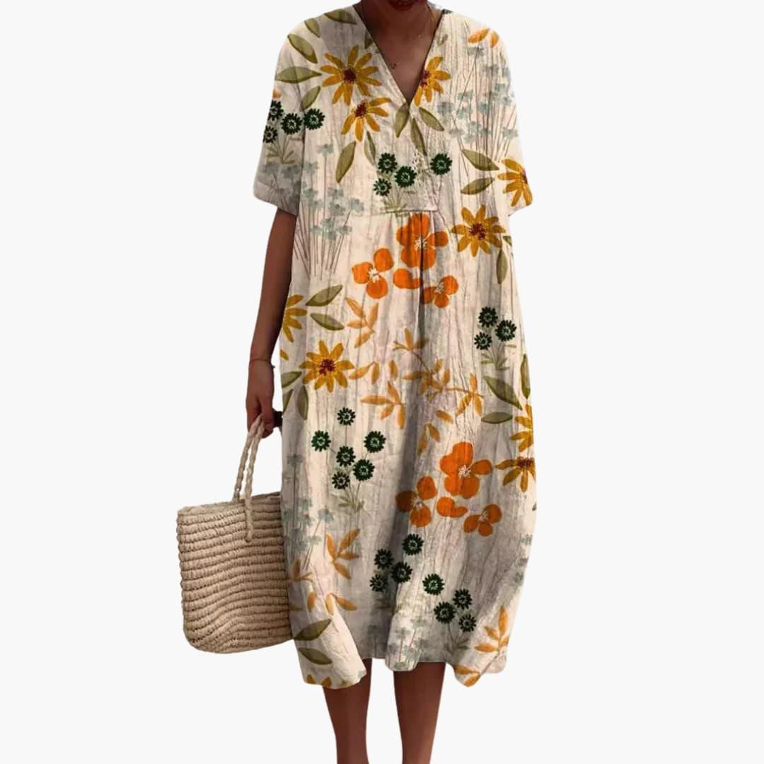 Women's Floral Midi Dress V Neck Short Sleeve Summer