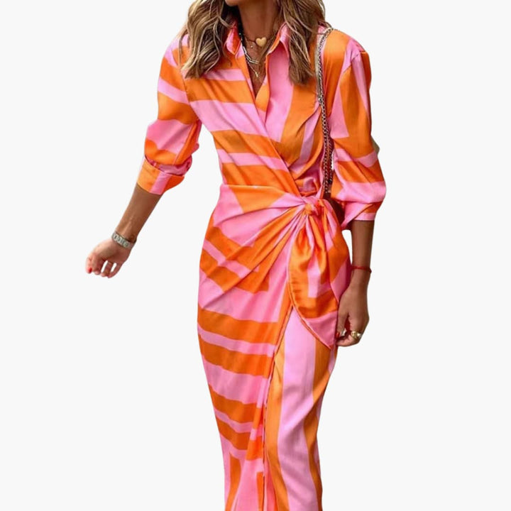 Women's Midi Shirt Dress Wrap Front Waist Tie Long Sleeve