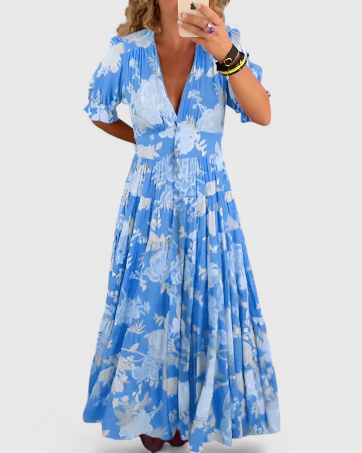 Women's V-Neck Floral Maxi Dress with Pockets