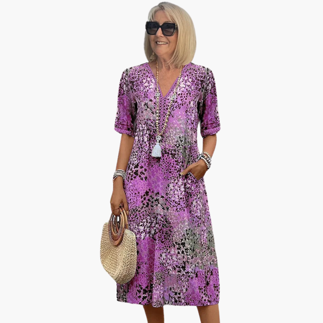 Women's Floral V Neck Midi Dress Defined Waist