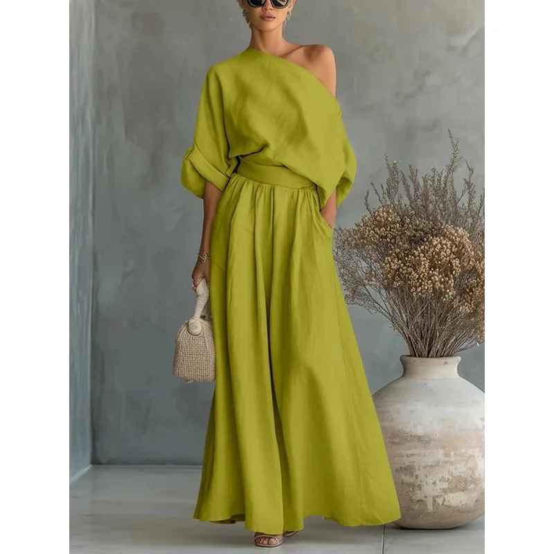 Women's Linen Co-Ord Set Off Shoulder Top Tapered Trousers