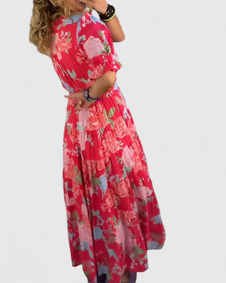Women's V-Neck Floral Maxi Dress with Pockets