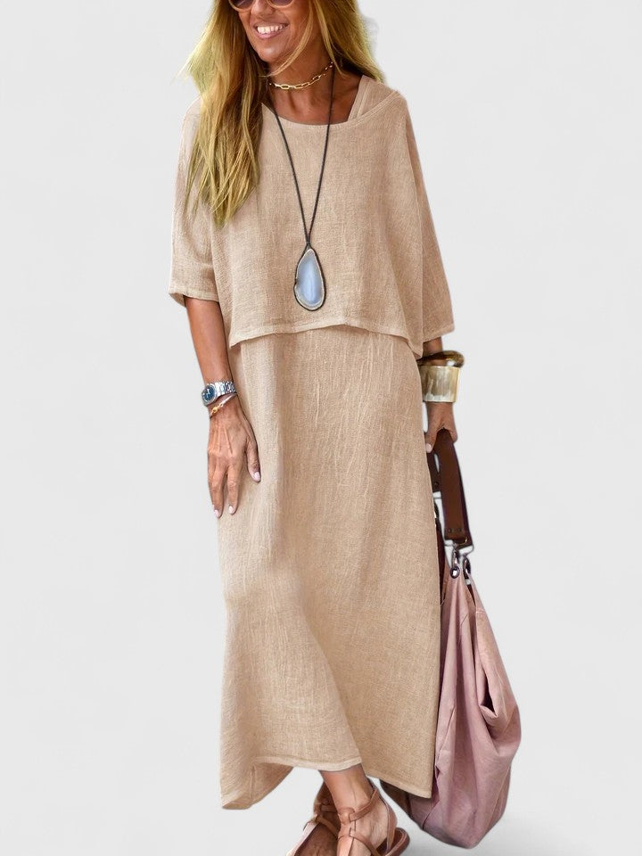 Women's Short Sleeve Layered Midi Dress