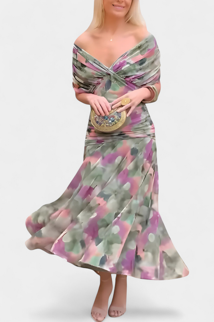 Women's Floral Pleated Maxi Dress V Neck