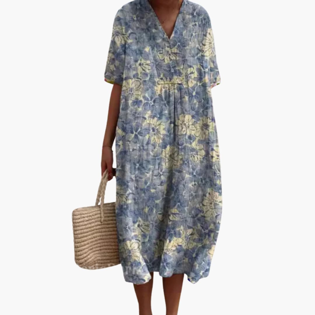 Women's Floral Midi Dress V Neck Short Sleeve Summer
